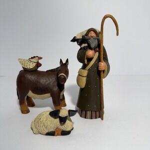 Williraye Studio Shepherd Donkey Sheep Chicken Figurines WW2478 Folk Art Set 3